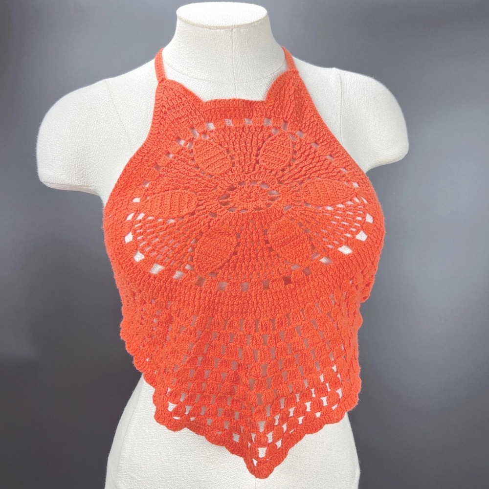 Love Tree Orange Crochet Halter Top Small Boho Festival Knit Tank Euro‎ summer